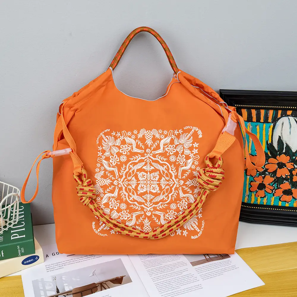 New Japanese-Style Embroidered Tote Bag Orange Green — feature 11