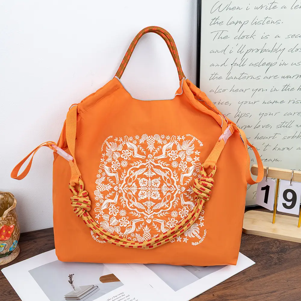 New Japanese-Style Embroidered Tote Bag Orange Green — feature 12