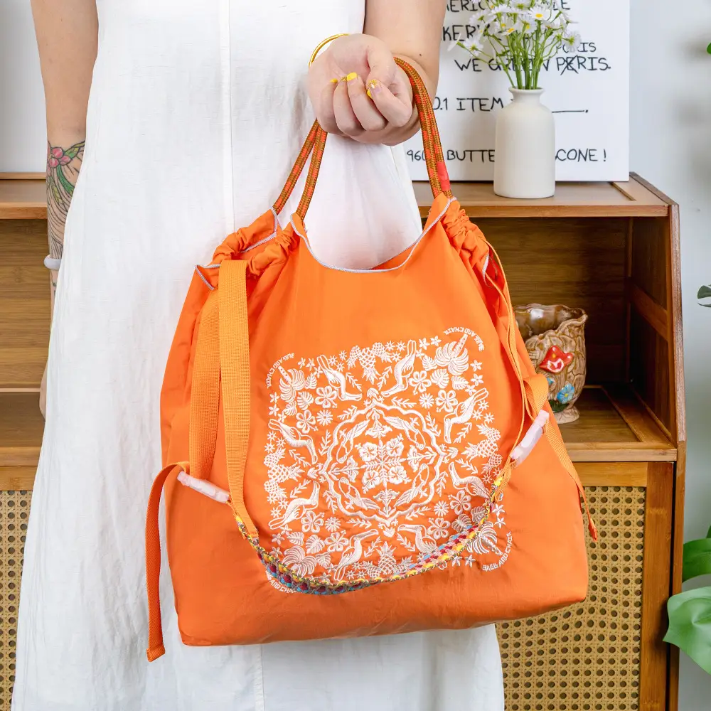 New Japanese-Style Embroidered Tote Bag Orange Green — feature 13