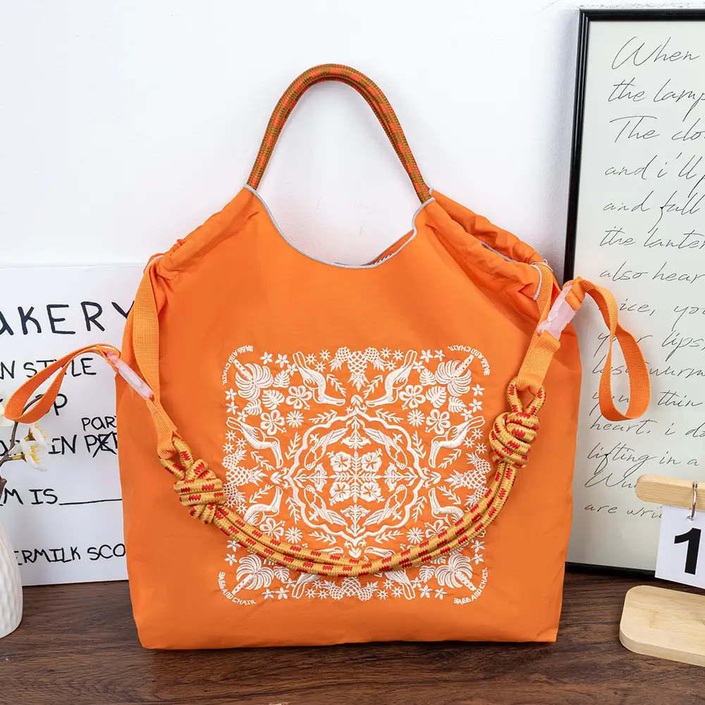 New Japanese-Style Embroidered Tote Bag Orange Green