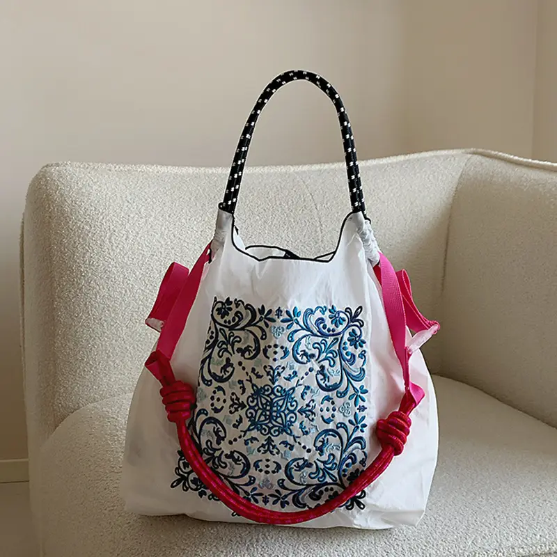 New Japanese-Style Embroidered Tote Bag Orange Green