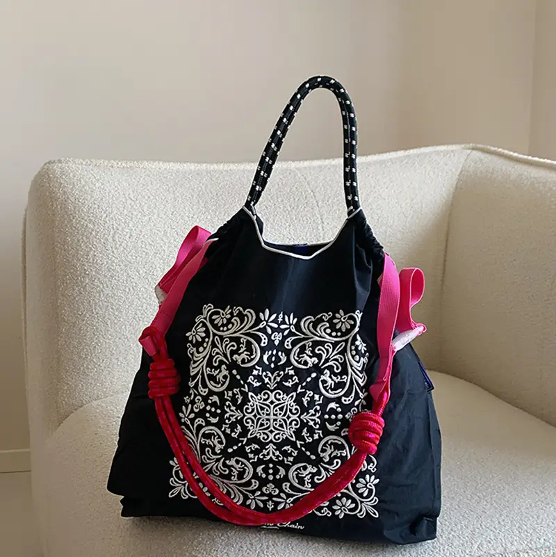 New Japanese-Style Embroidered Tote Bag Orange Green