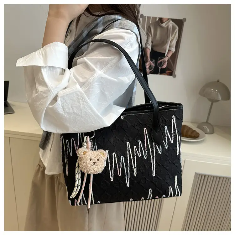 White Embroidered One-Shoulder Tote Bag for Women — feature 17