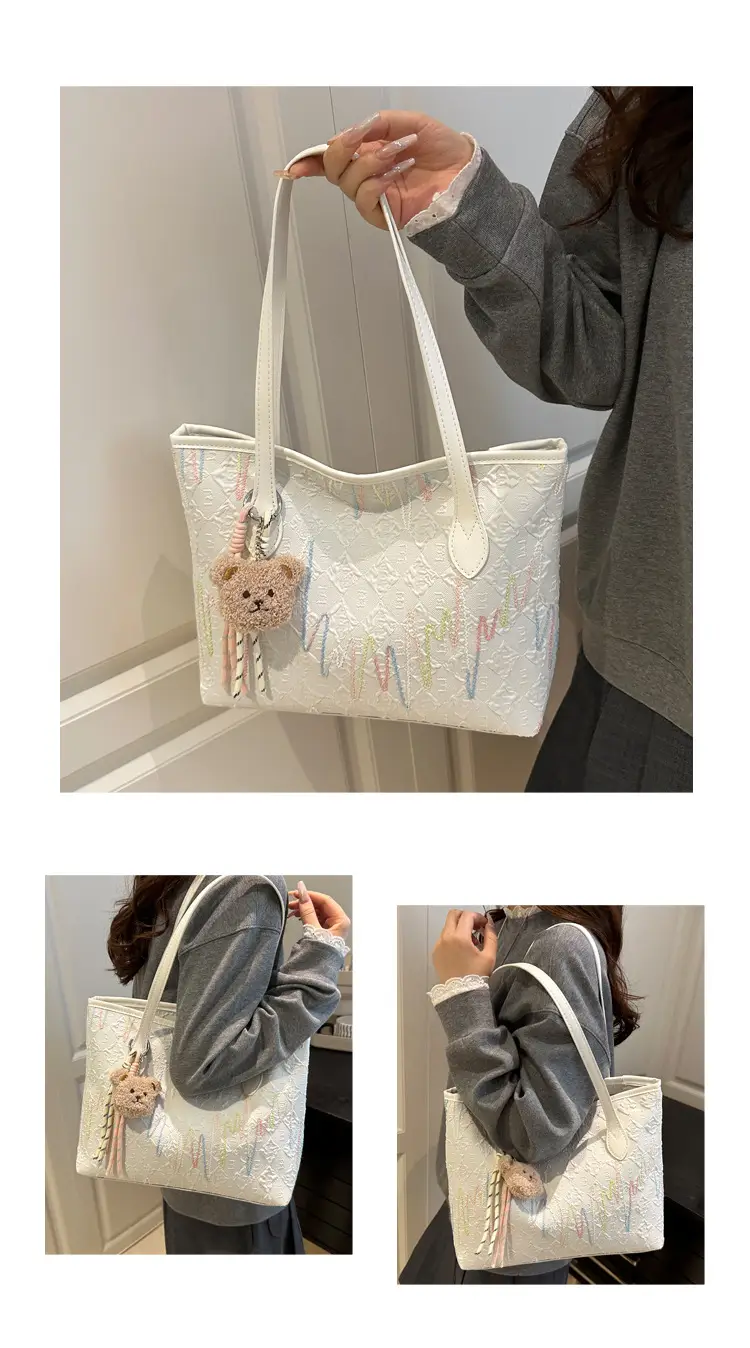 White Embroidered One-Shoulder Tote Bag for Women — feature 22