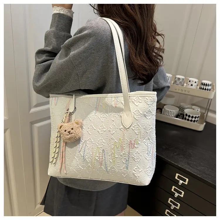 White Embroidered One-Shoulder Tote Bag for Women — feature 9