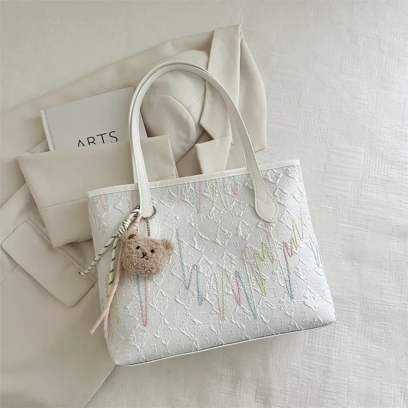 White Embroidered One-Shoulder Tote Bag for Women - Image 3