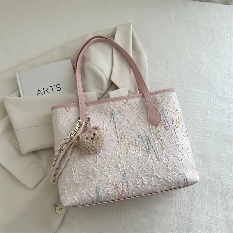 White Embroidered One-Shoulder Tote Bag for Women - Image 5