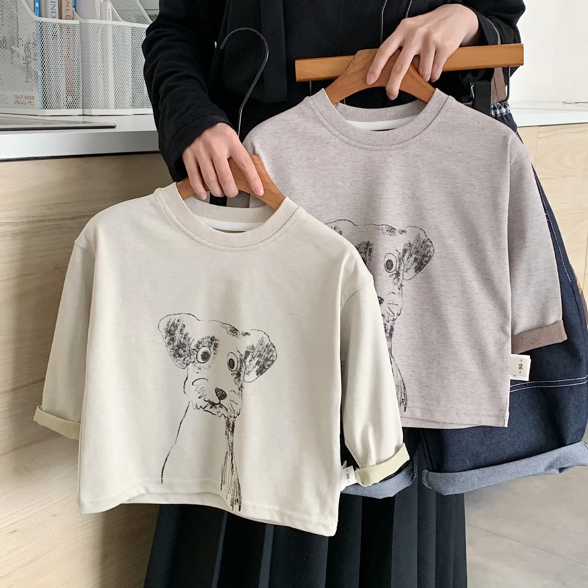 Kids Cartoon Dog Long Sleeve T-Shirt Cream