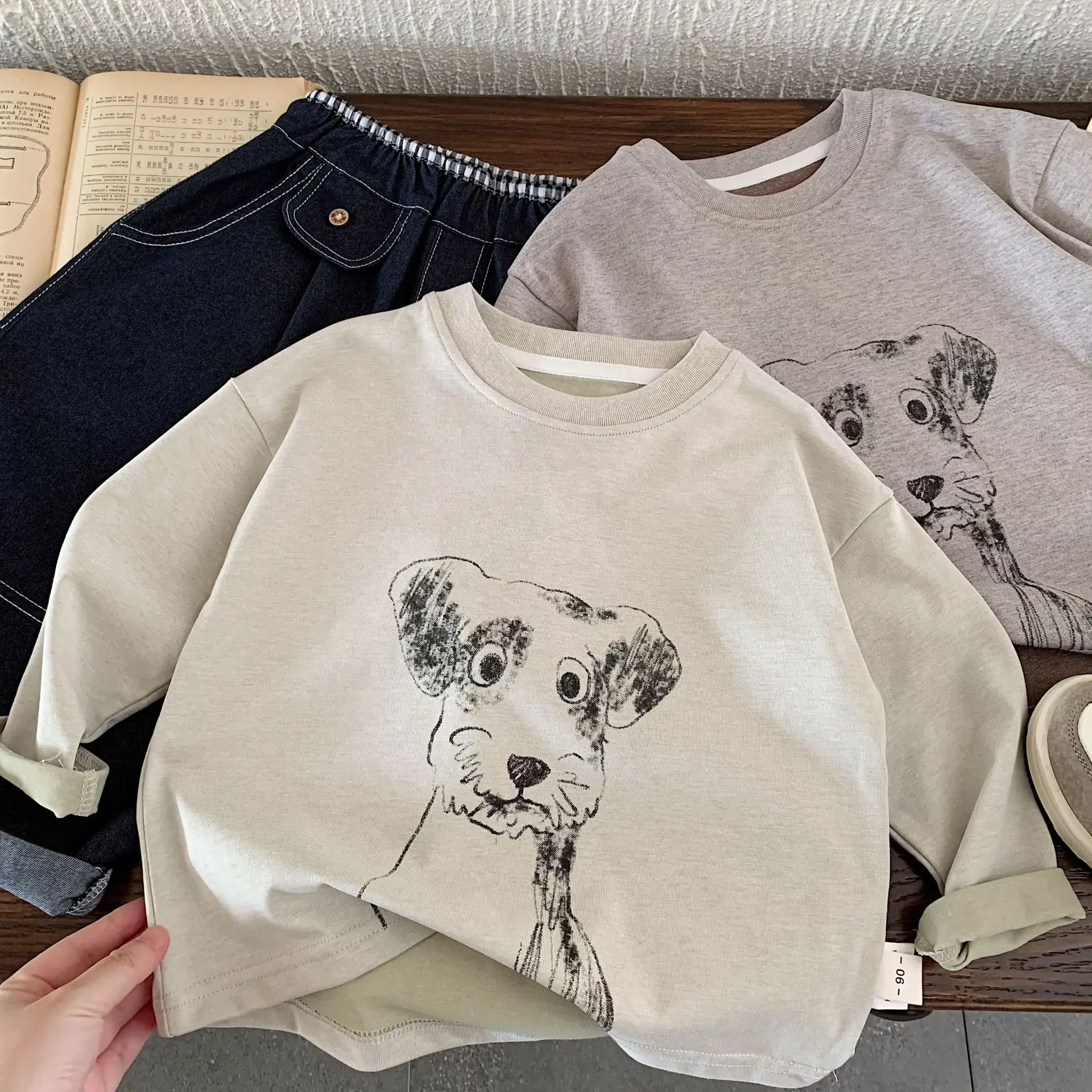 Kids Cartoon Dog Long Sleeve T-Shirt Cream