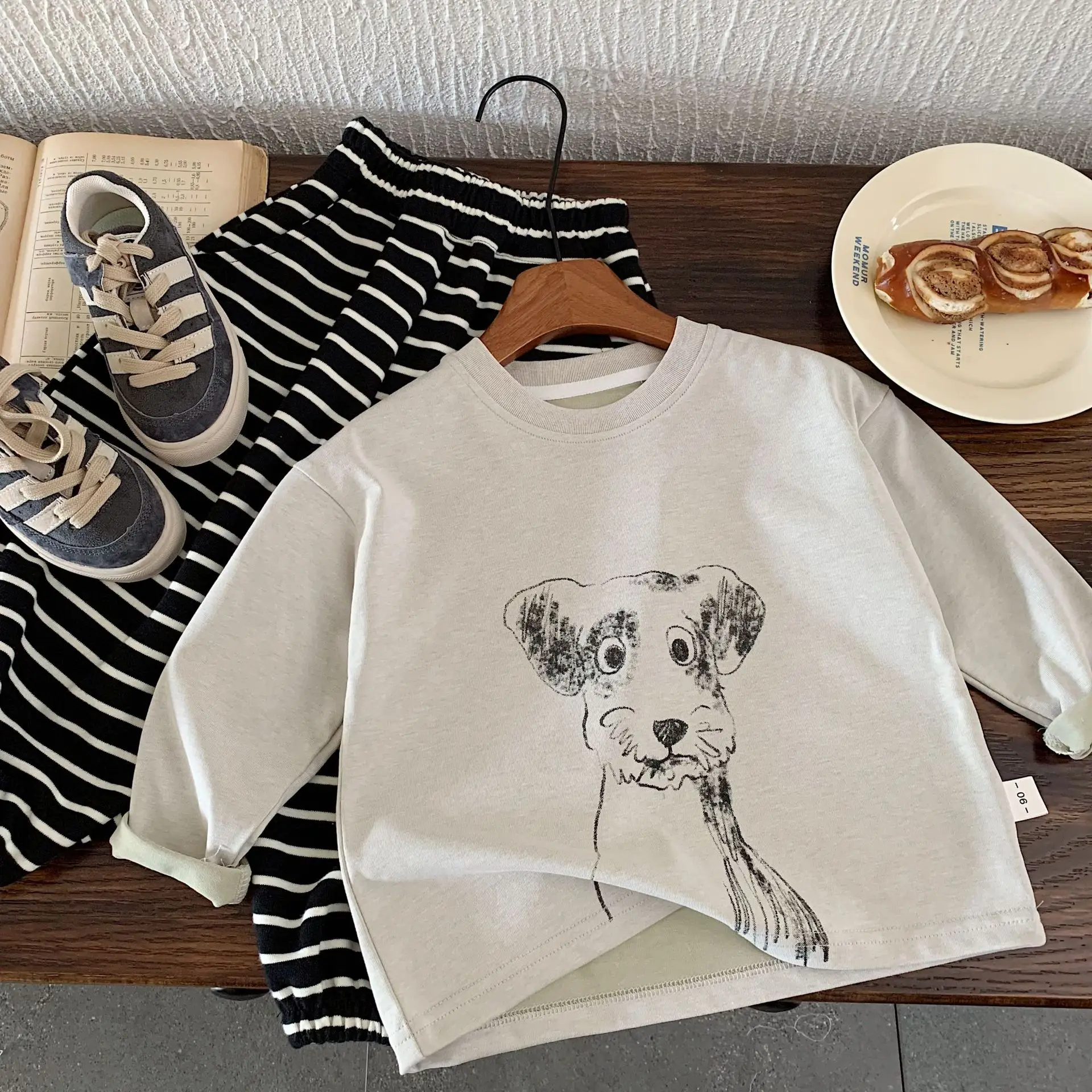 Kids Cartoon Dog Long Sleeve T-Shirt Cream