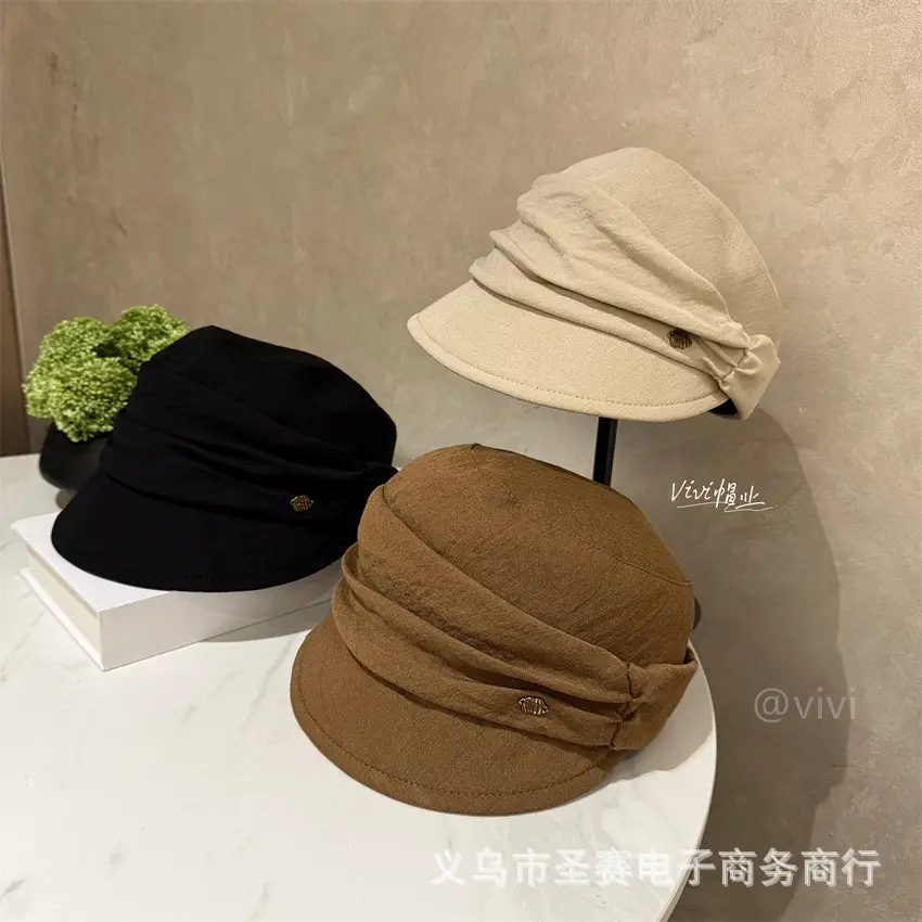 Japanese Style Pleated Cap for Women Large Brown Black - Image 4