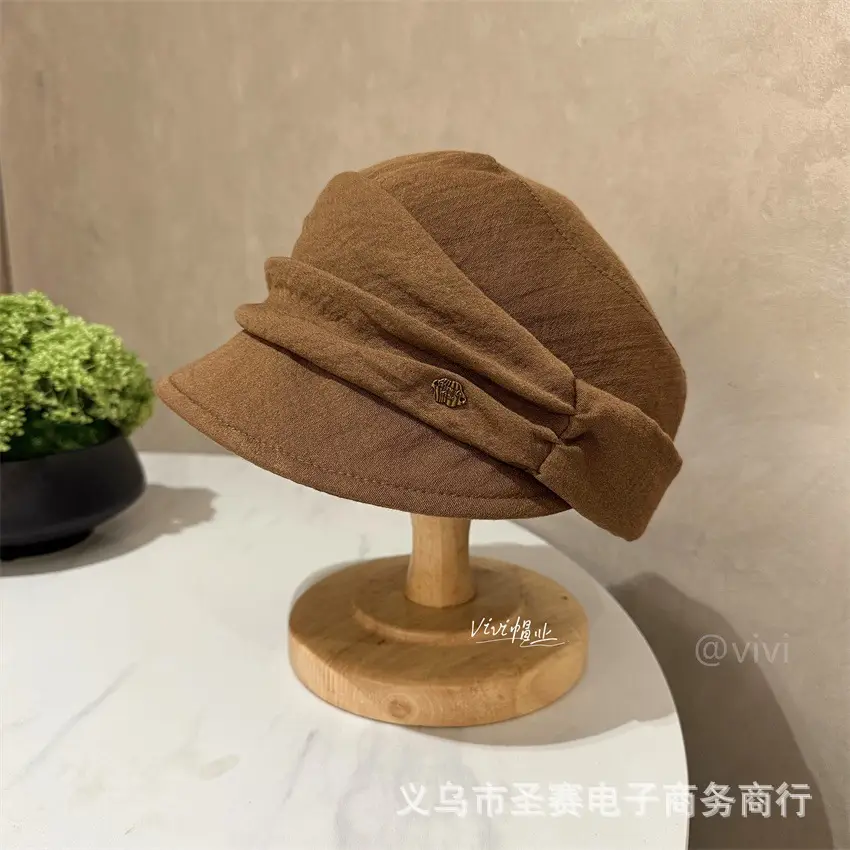 Japanese Style Pleated Cap for Women Large Brown Black - Image 3