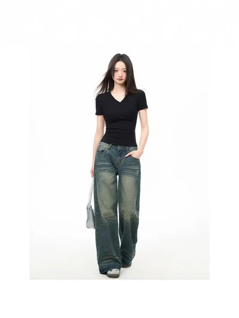 Black V-Neck Short-Sleeved T-Shirt for Women, Summer Slim-Fit Right-Shoulder Base Shirt, Inner Top, 2025 New Style