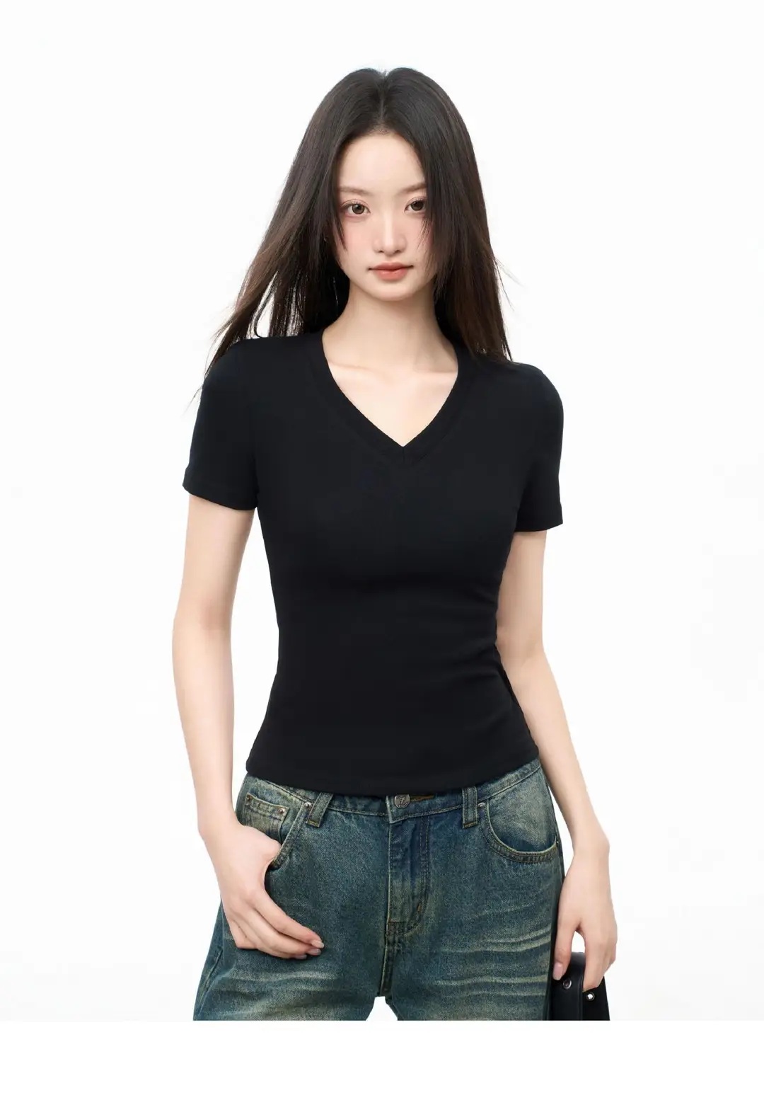 Black V-Neck Short-Sleeved T-Shirt for Women, Summer Slim-Fit Right-Shoulder Base Shirt, Inner Top, 2025 New Style — feature 23