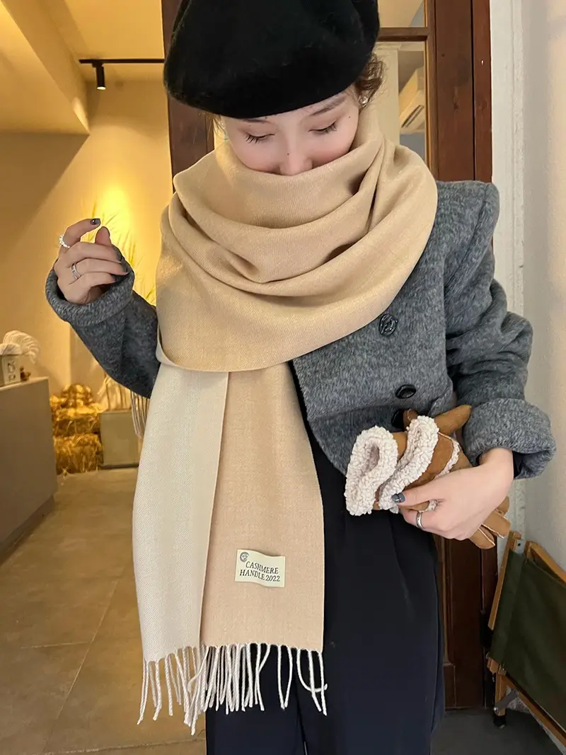 Thickened Cashmere Double-Sided Two-Color Scarf, Fashionable Solid Color Wool Knit Shawl, Gift Box Style Gift