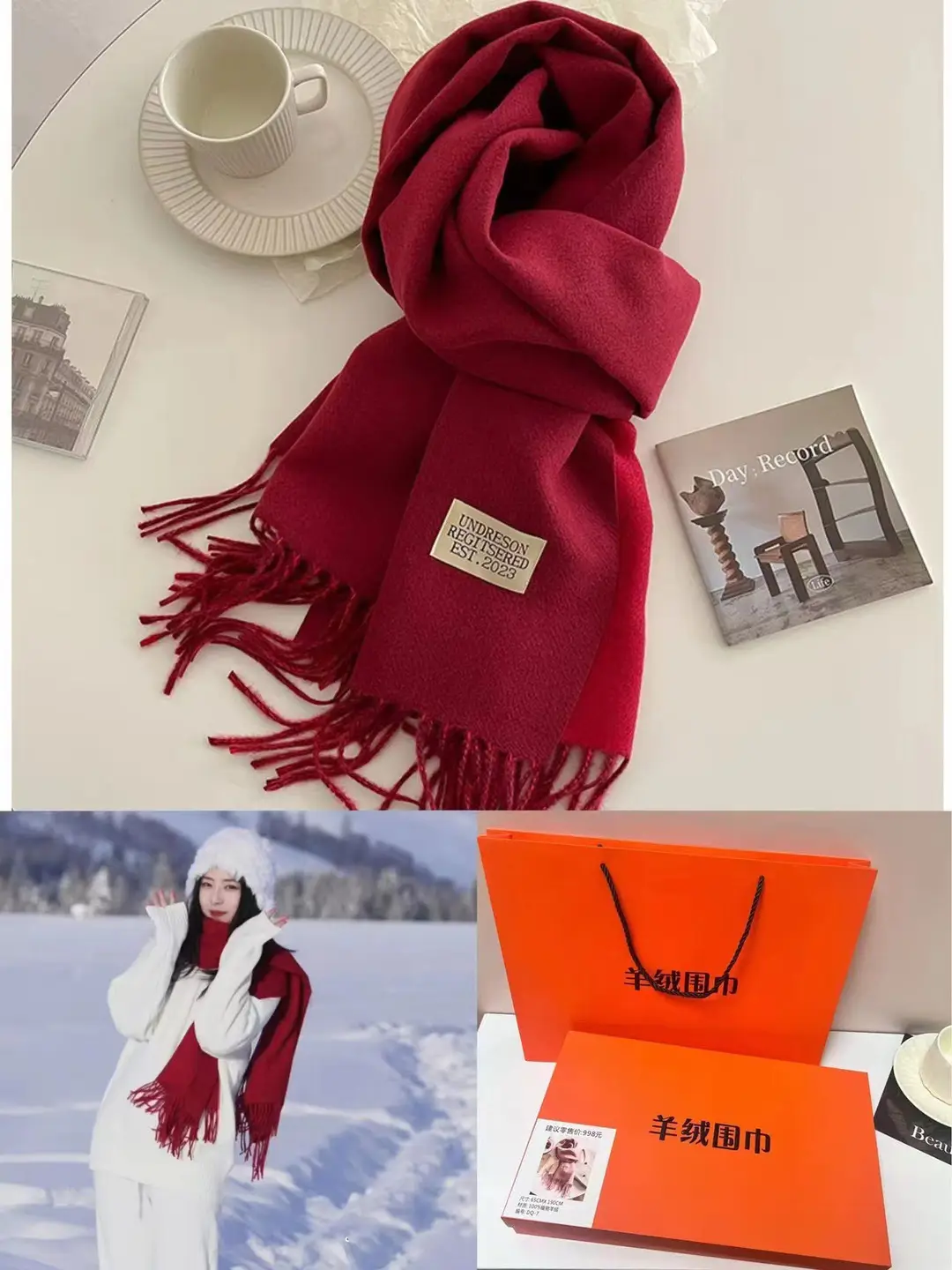 Thickened Cashmere Double-Sided Two-Color Scarf, Fashionable Solid Color Wool Knit Shawl, Gift Box Style Gift