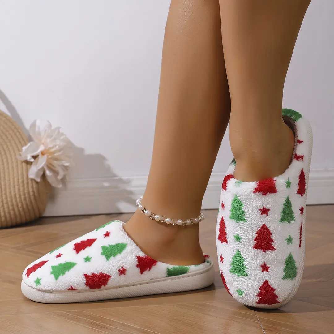 Christmas Floor Slippers Snowflake Toe Cotton Cross-Border Slippers Comfortable 2025 Flat Bottom