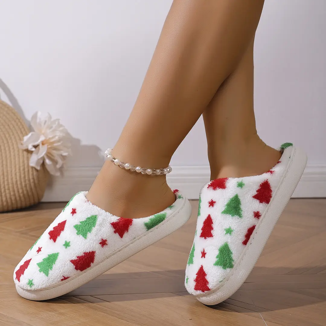 Christmas Floor Slippers Snowflake Toe Cotton Cross-Border Slippers Comfortable 2025 Flat Bottom