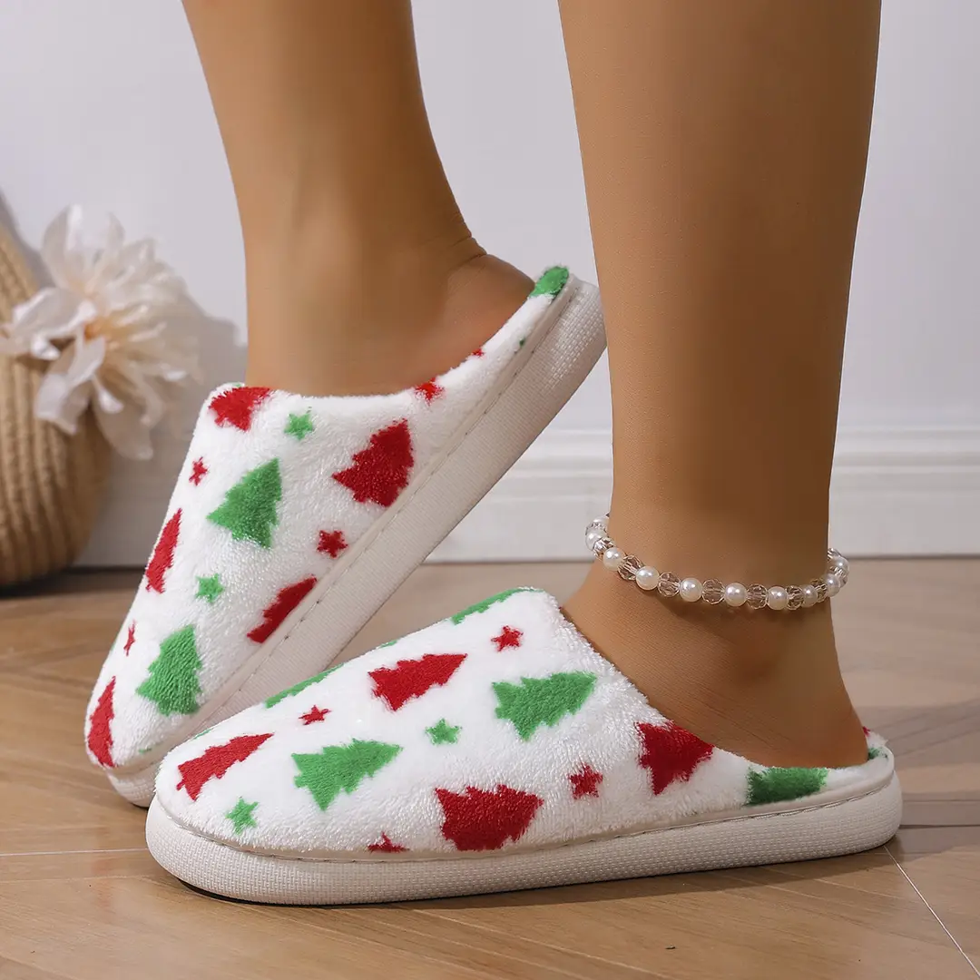 Christmas Floor Slippers Snowflake Toe Cotton Cross-Border Slippers Comfortable 2025 Flat Bottom