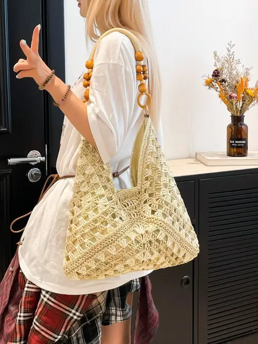 Women Straw Bag New Seaside Cut Out Shoulder Tote - Image 9