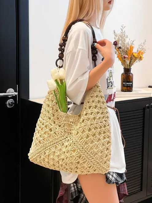 Women Straw Bag New Seaside Cut Out Shoulder Tote - Image 10