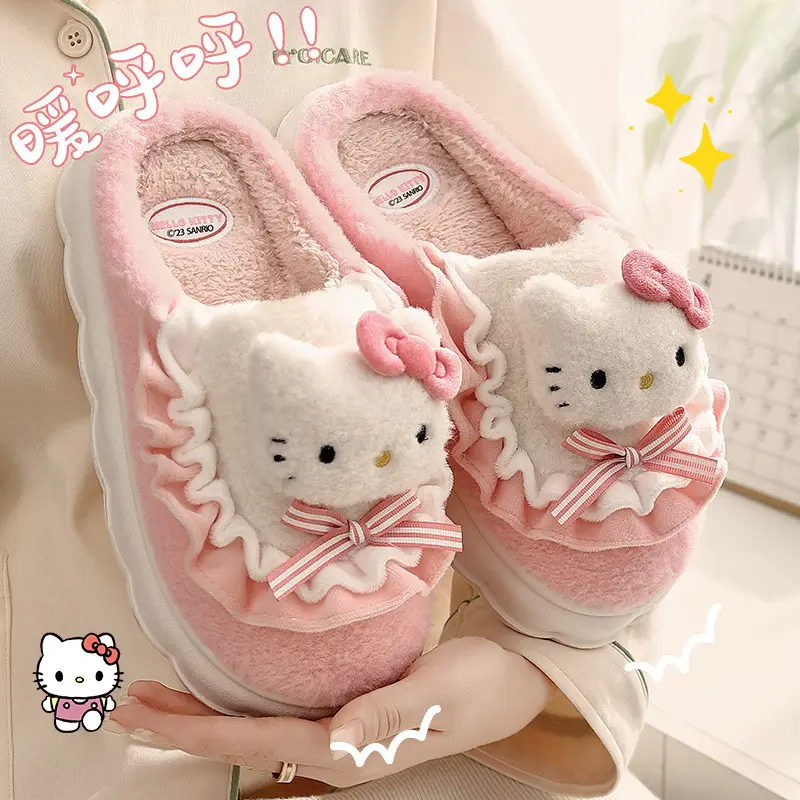 Hellokitty Cotton Slippers for Women Autumn and Winter 2024 New Cute Indoor Home Warm Plush Cotton Slippers for Women - Image 9