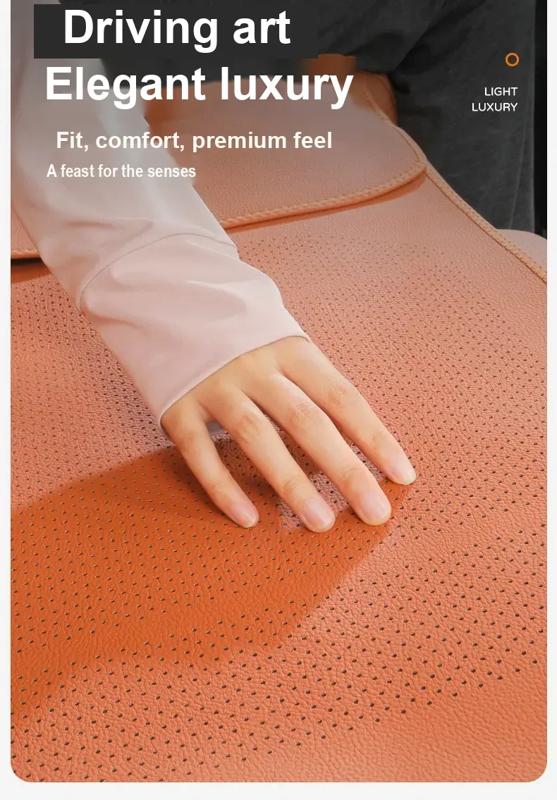 Hand pressing the orange perforated seat cover surface.
