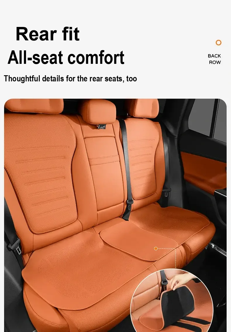 Orange covers fitted across a car's rear bench seat.