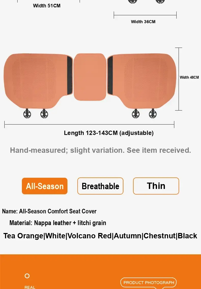 Rear seat cover dimensions and listed material and color choices.