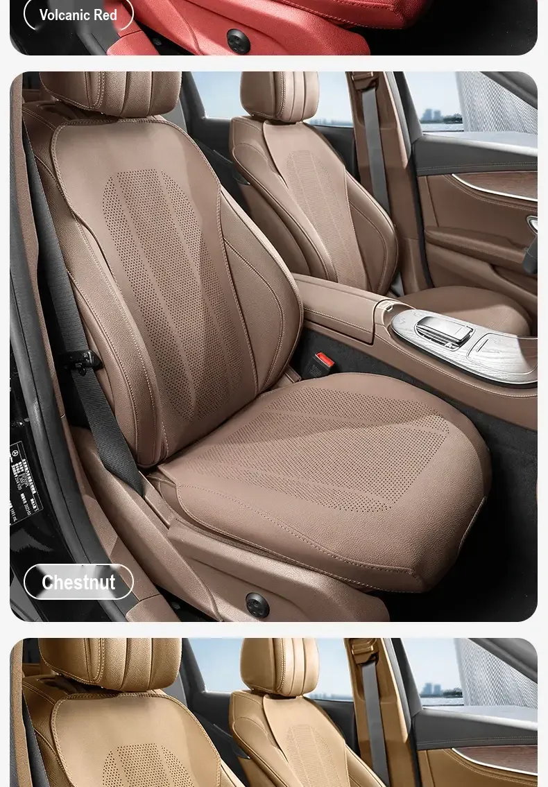 Red seat covers fitted to the front seats of a car.