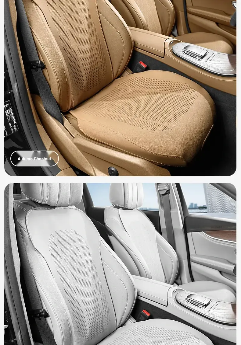 Chestnut-brown seat covers fitted to the front seats of a car.