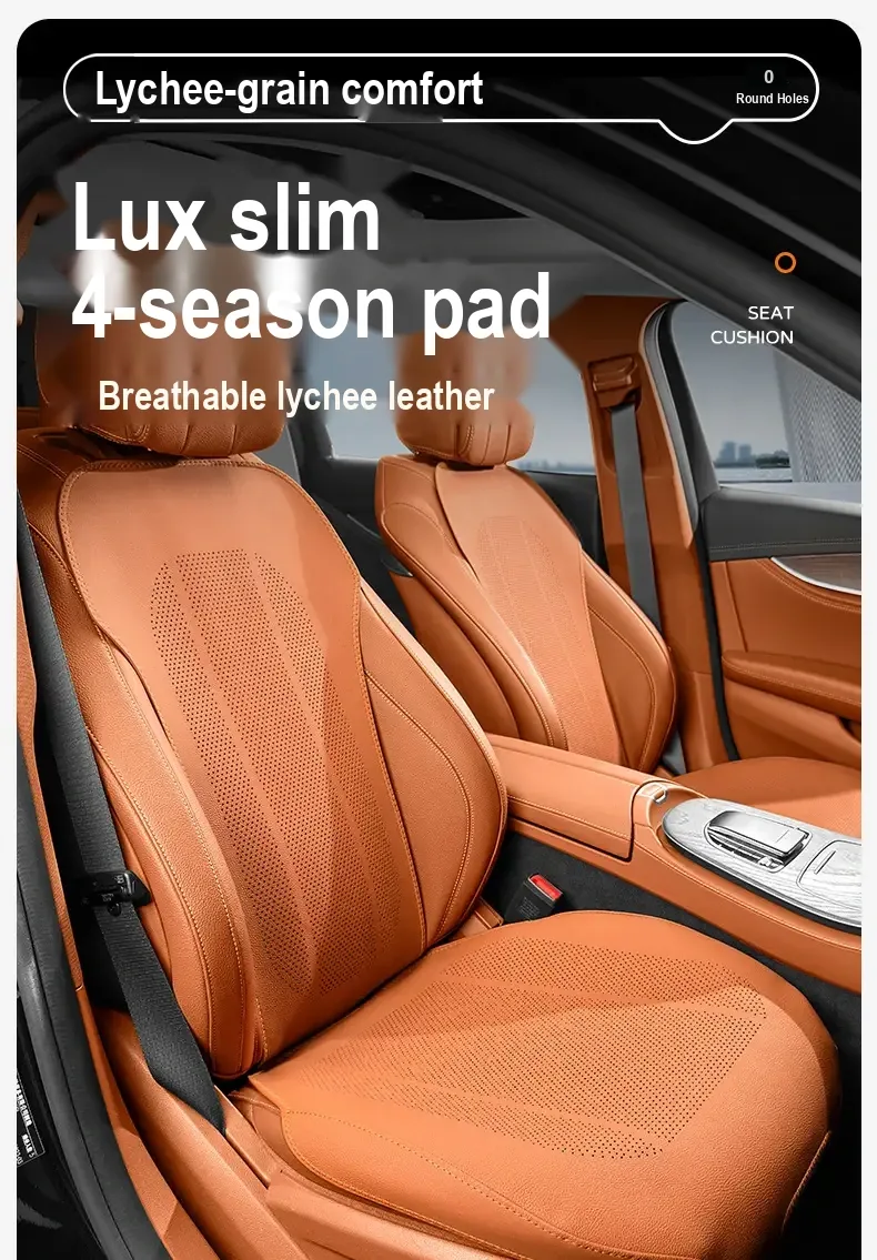 Orange perforated seat covers shown fitted in a car, with Chinese feature text.