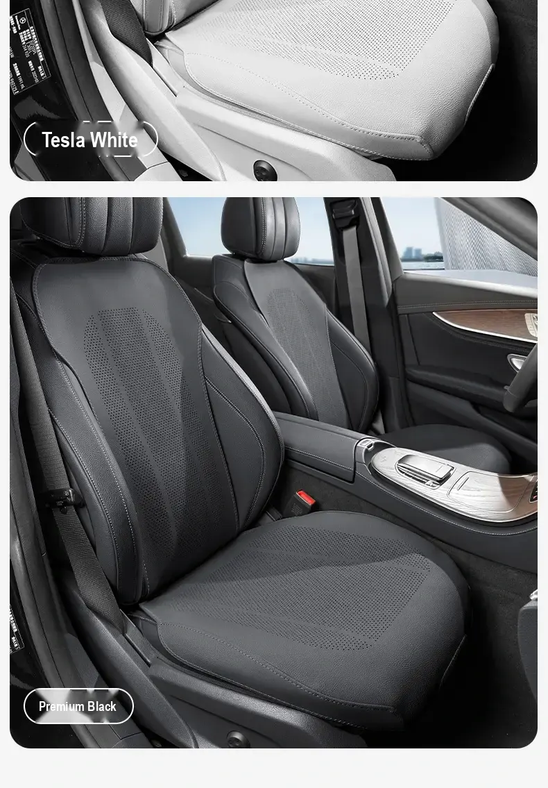 White and black seat cover color options shown fitted in a car.
