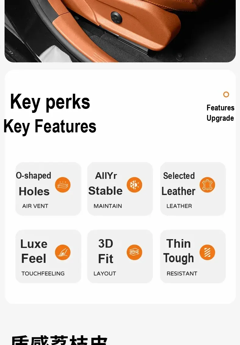 Feature panel with icons describing perforations, all-season use, leather, and wear resistance.