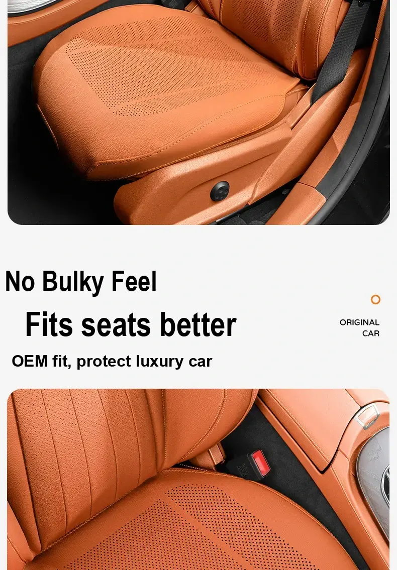 Orange front seat covers shown inside a car.
