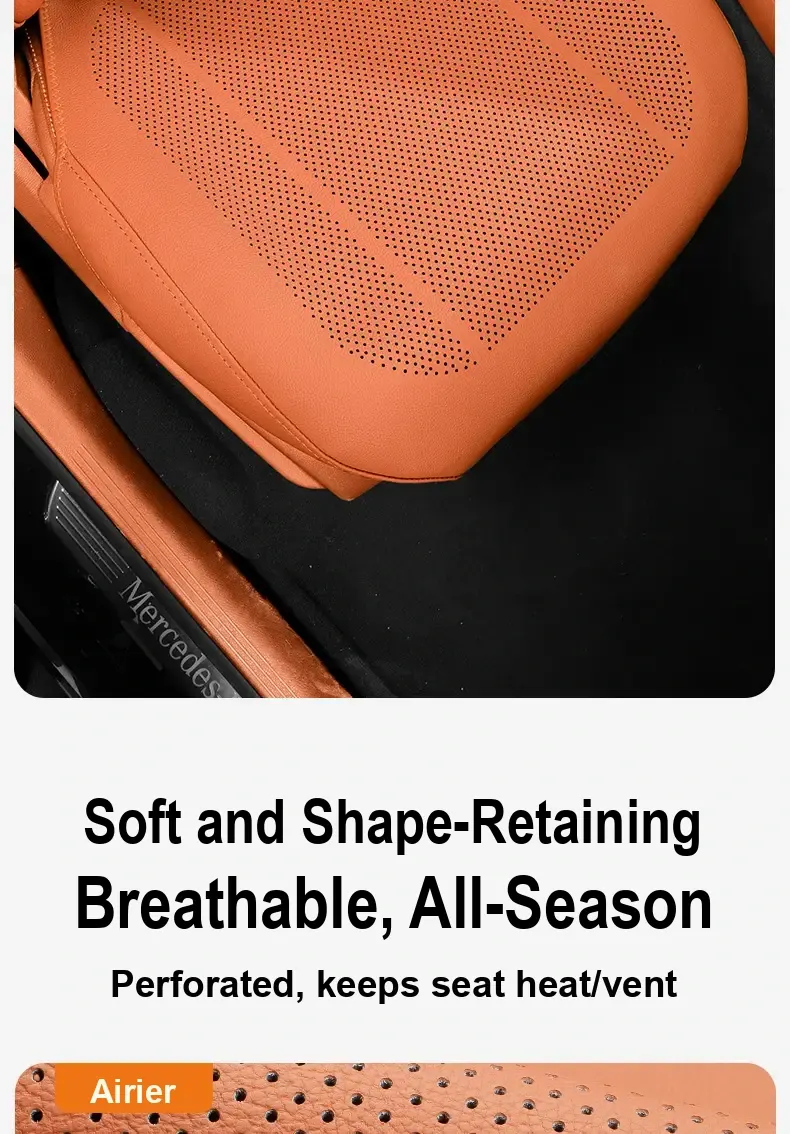 Close-up of an orange perforated seat cushion fitted on a car seat.