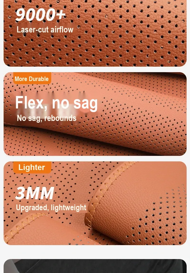 Close-up panels of perforations, flexible surface, and stitched orange cover edge.