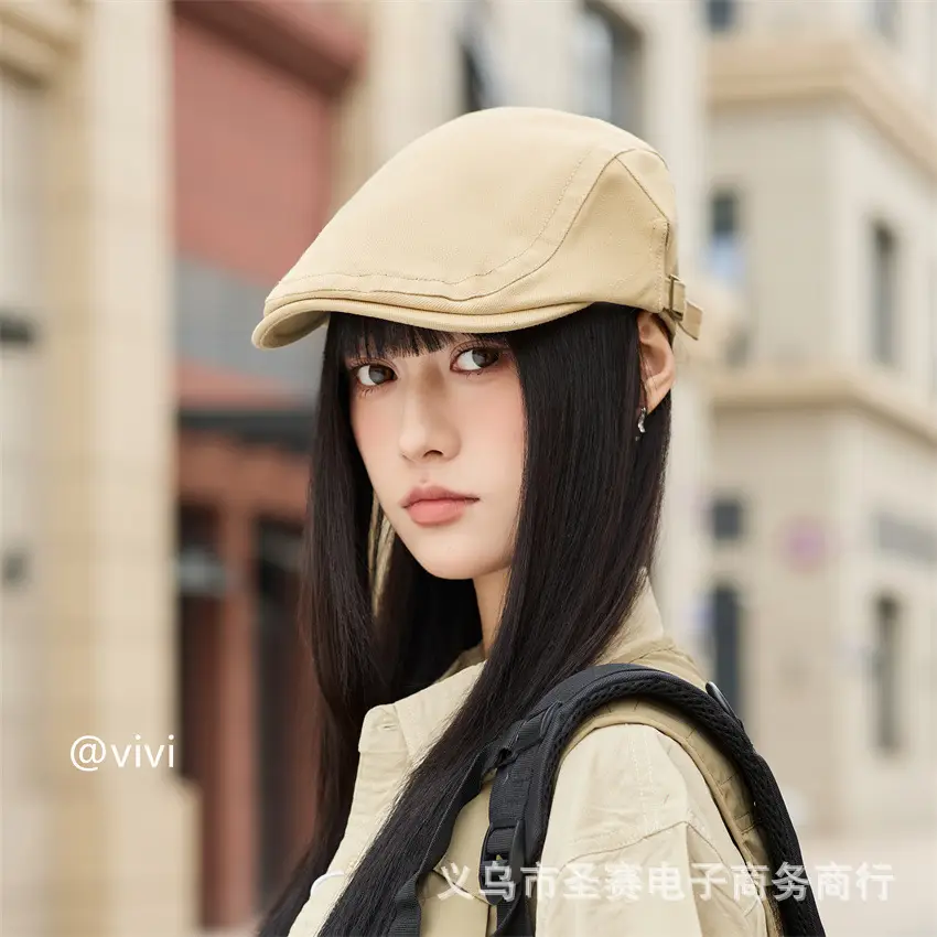 Women British Retro Adjustable Newsboy Cap Black