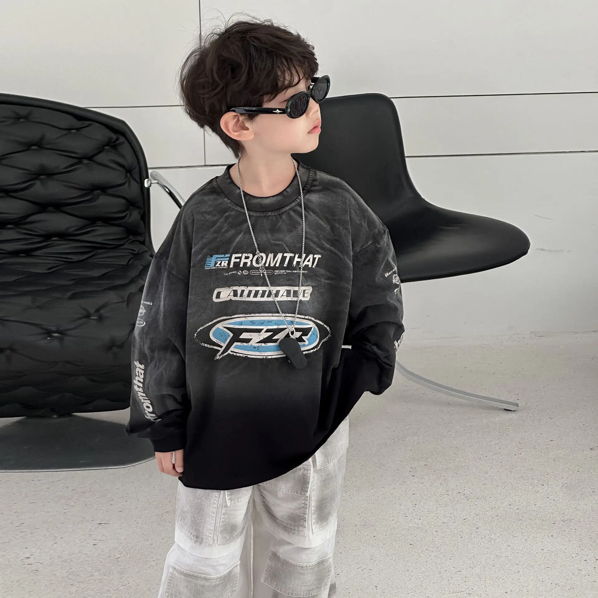 Boys Sweatshirt Black Cotton Loose Long Sleeve Autumn 2025 — feature 3