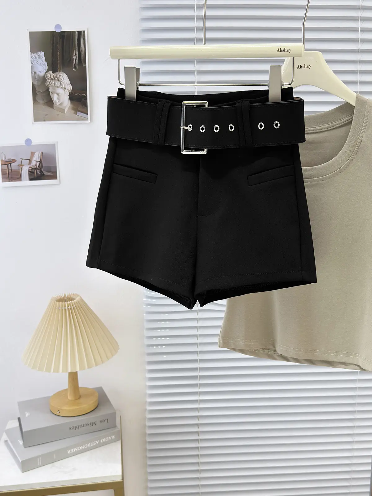 Women's Beige Belted Leg-Lengthen Shorts High Waist - Image 3