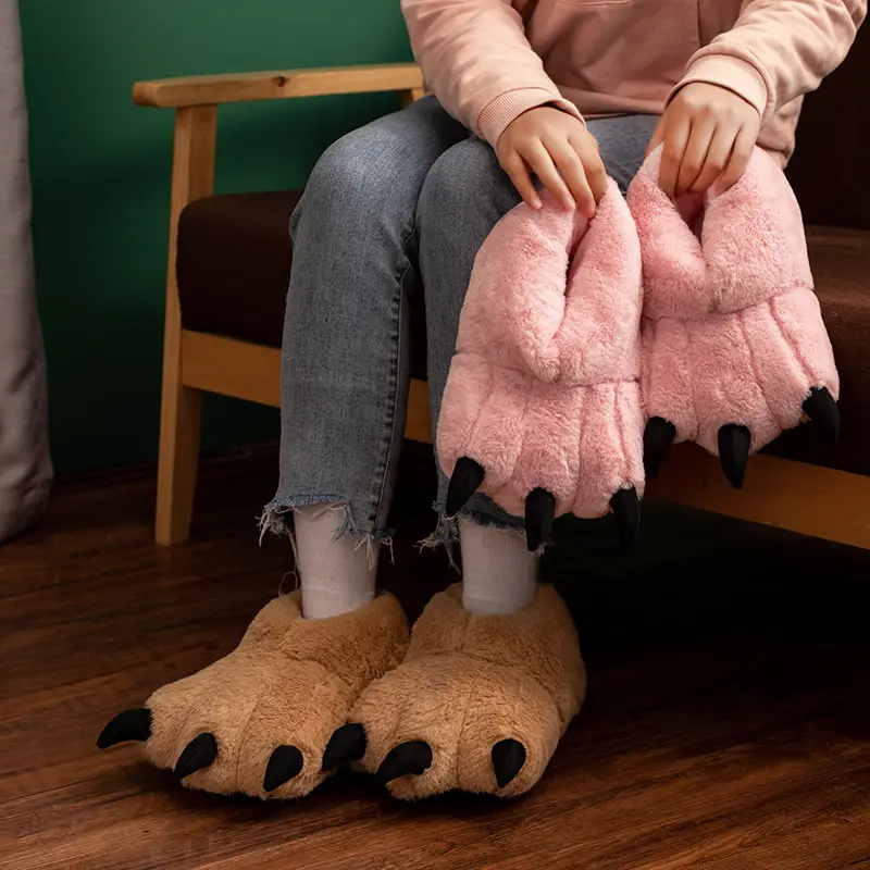 Cartoon Bear Paw Stuffed Cotton Shoes Big Feet Winter Indoor Slippers Cute Cat Claw Christmas Home Warm Heels - Image 5