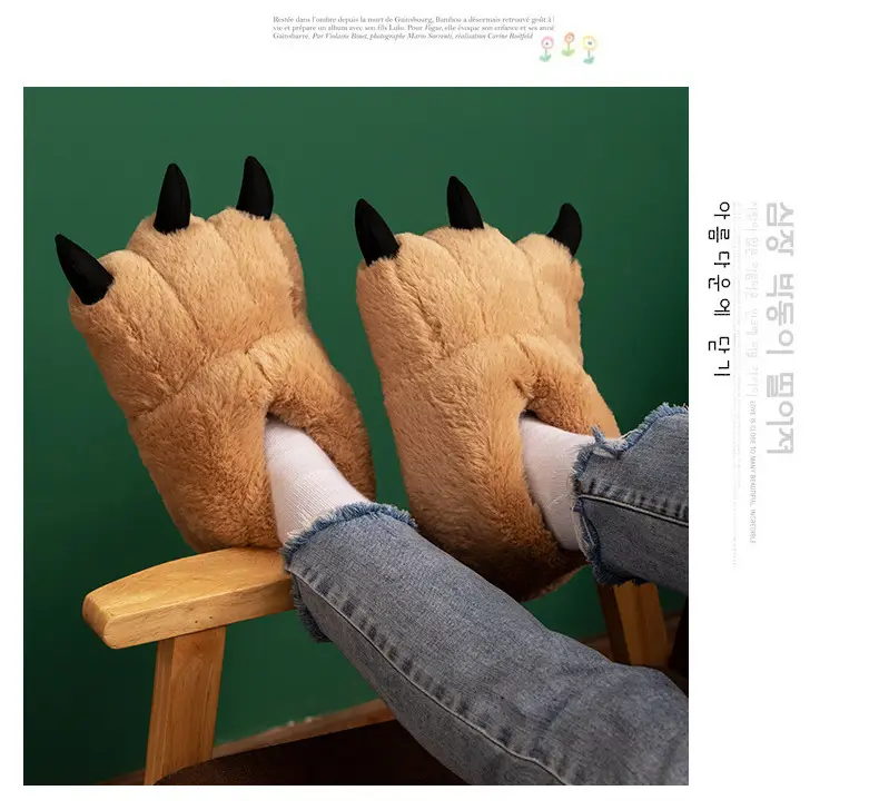 Cartoon Bear Paw Stuffed Cotton Shoes Big Feet Winter Indoor Slippers Cute Cat Claw Christmas Home Warm Heels — feature 9