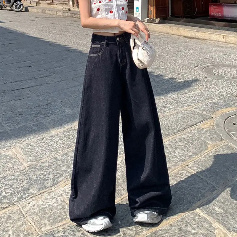 Dark Blue Wide Leg Jeans 2025 High Waist Loose Fit