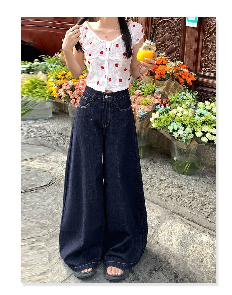 Dark Blue Wide Leg Jeans 2025 High Waist Loose Fit — feature 13