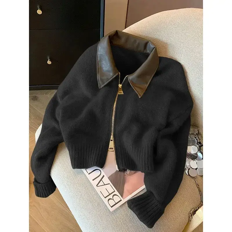 Women Red Knit Cardigan with Leather Collar 2025