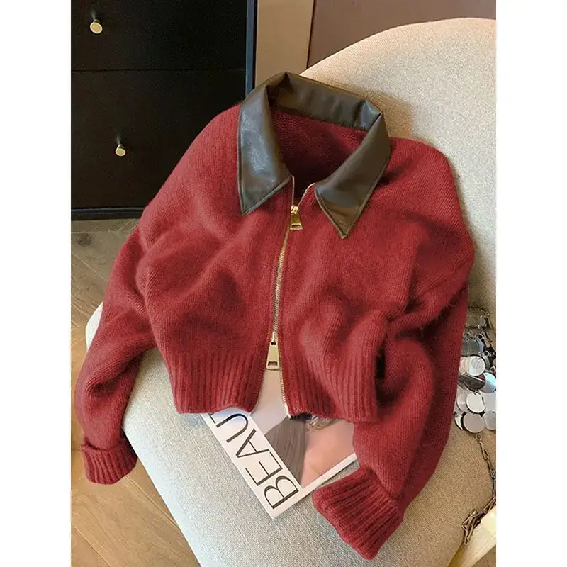 Women Red Knit Cardigan with Leather Collar 2025 — feature 1