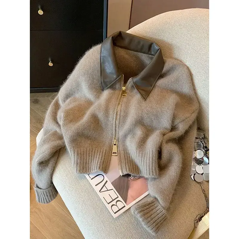 Women Red Knit Cardigan with Leather Collar 2025