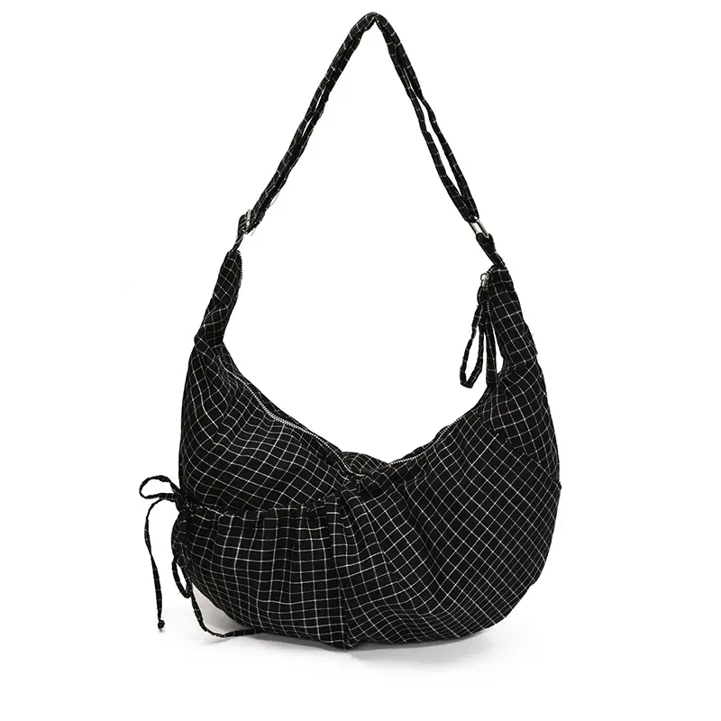 Drawstring Canvas Bag Plaid Design Women's Commuter Bag - Image 8