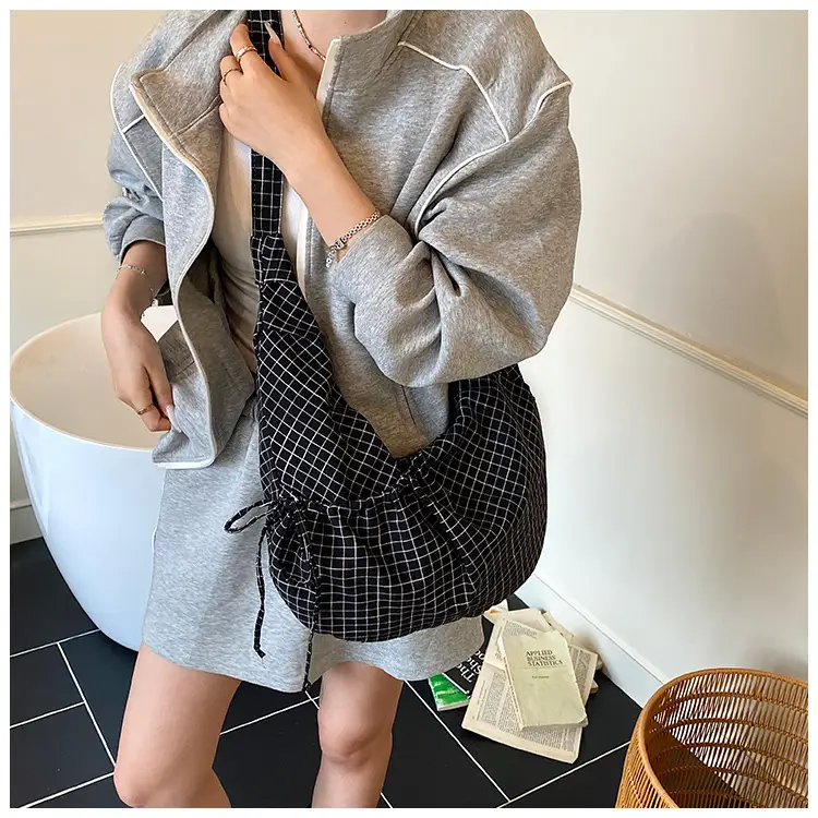 Drawstring Canvas Bag Plaid Design Women's Commuter Bag — feature 10
