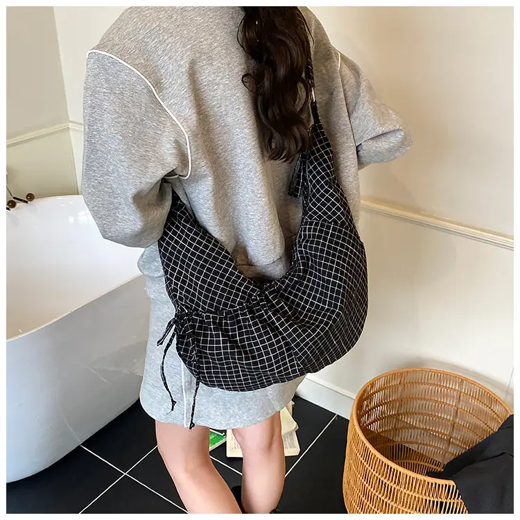 Drawstring Canvas Bag Plaid Design Women's Commuter Bag — feature 11